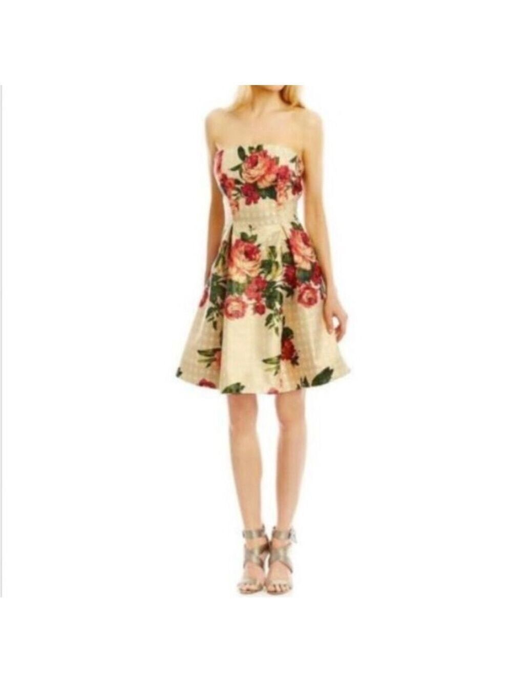 Nicole Miller Floral Metallic Jacquard Fit N Flare Strapless Event Mini Dress